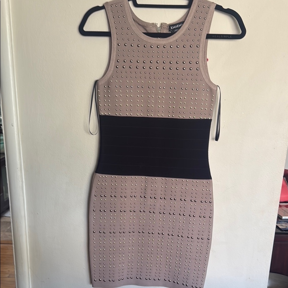 Bebe Studded Tan and Black Bodycon Mini Dress Sleeveless Crew Neck